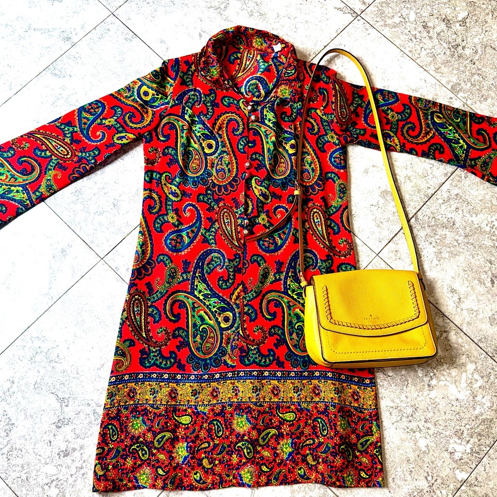 Vintage Quirky Groovy Psychadelic Paisley Vibrant Colors Dress 3/4 Length Sleeve